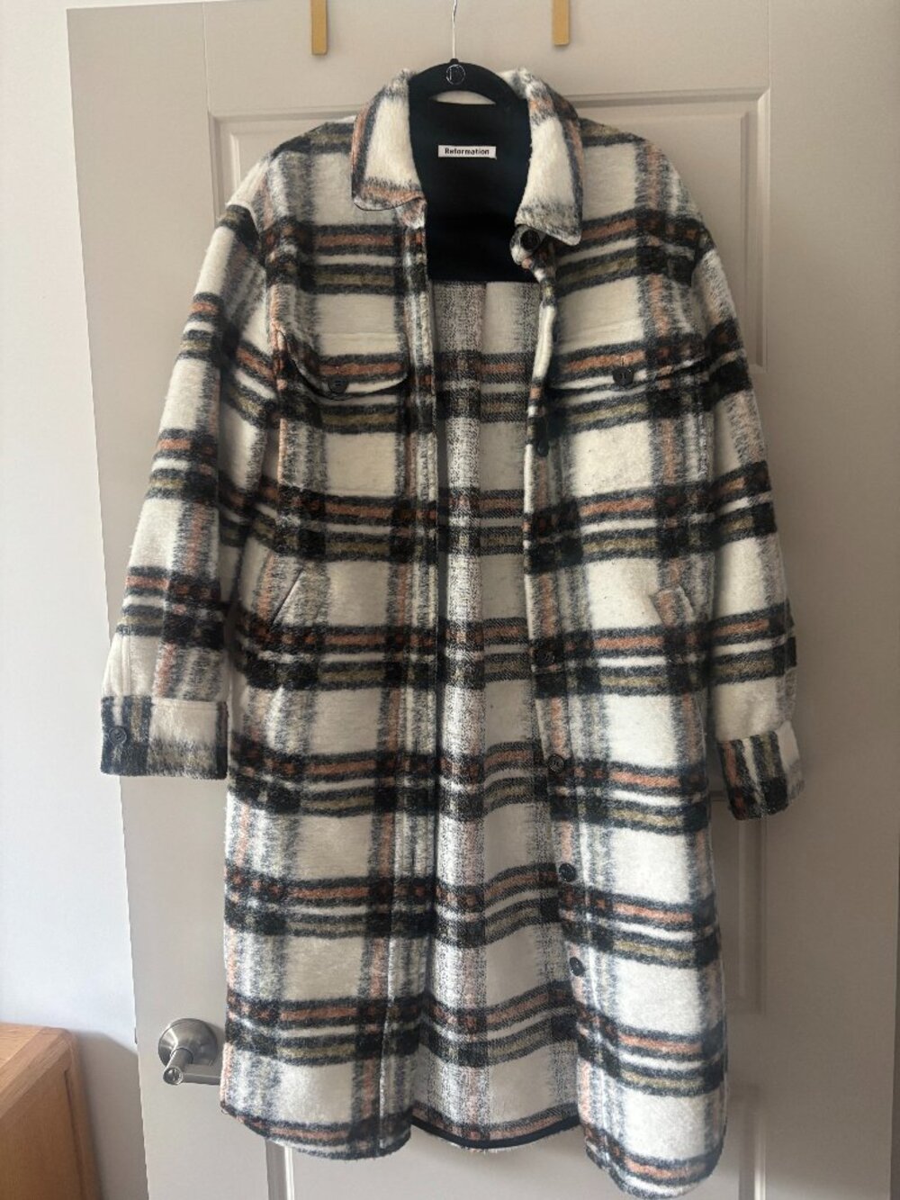 Reformation Plaid Wool Blend Long Shacket Size S